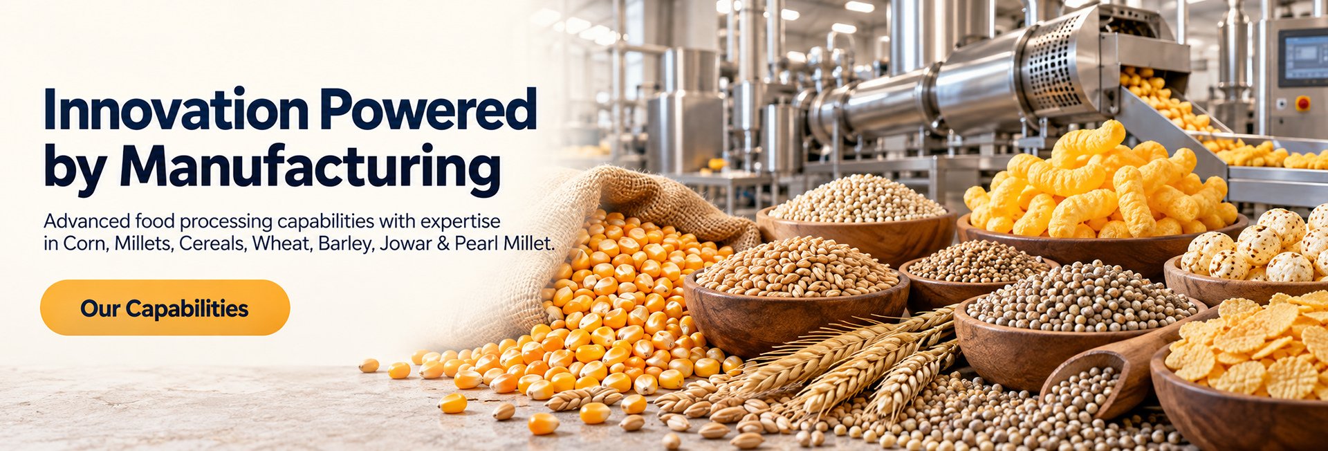 Innovation Powered by Manufacturing — Advanced food processing capabilities with expertise in Corn, Millets, Cereals, Wheat, Barley, Jowar & Pearl Millet — Shri Foods